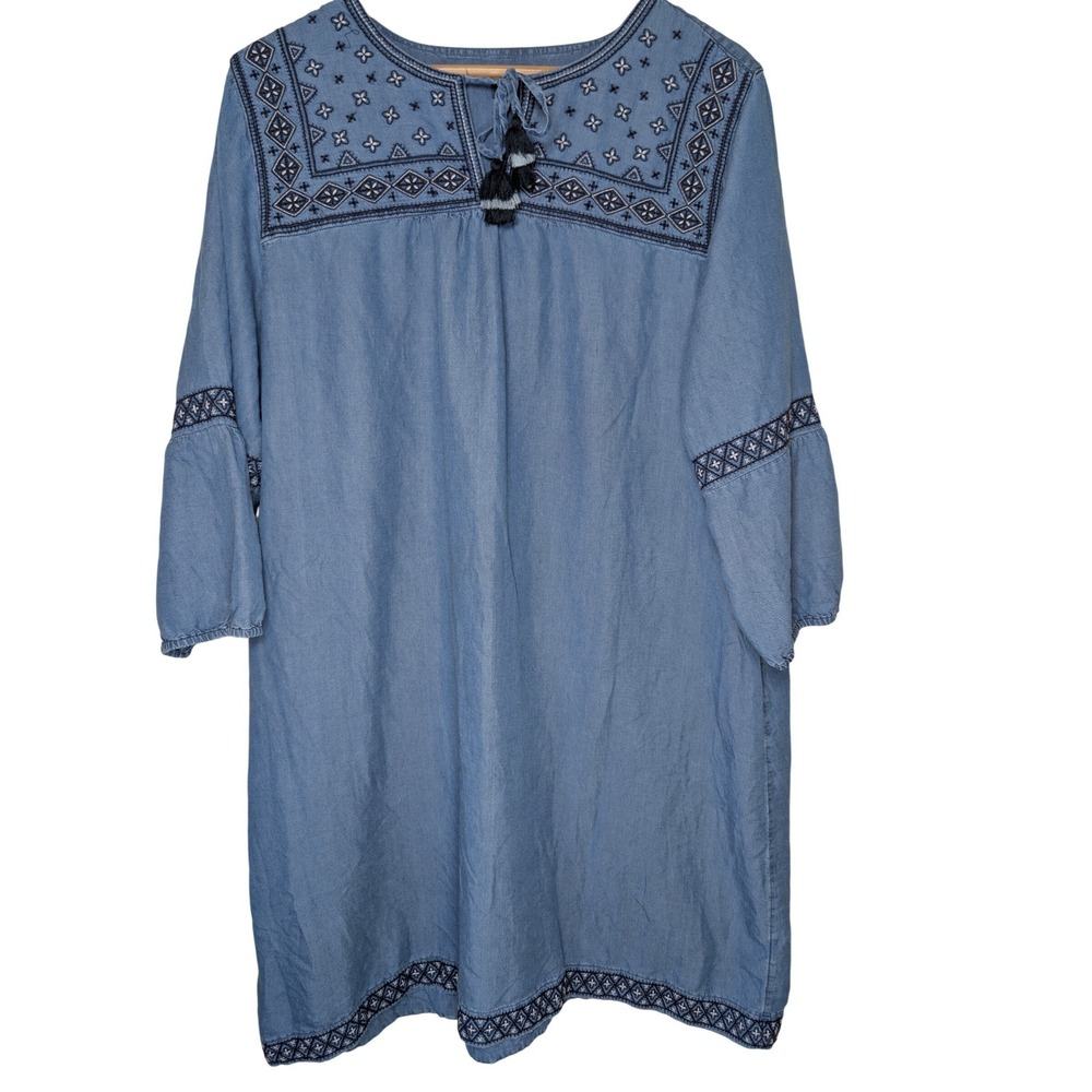 J. Jill Denim Tencel Embroidered Peasant Dress Womens XL Tall Chambray Blue‎